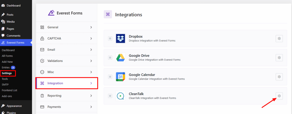 Navigate to Cleantalk Through Everest Forms Dashboard