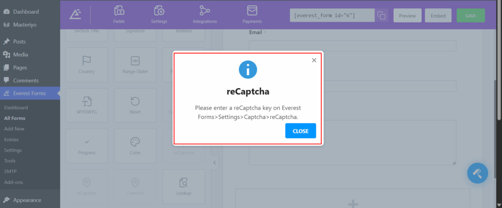reCAPTCHA Error Message